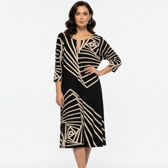 Haani A Line Dress Size 3X Black and Tan Striped 3/4 Sleeve Silky - Picture 1 of 4